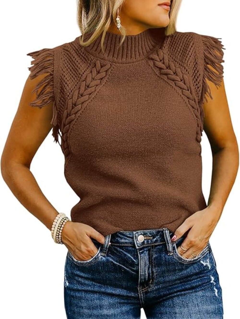 New -  Womens Sleeveless Sweater Vest Mock Neck Cable Knit Fringe Cap Sleeve